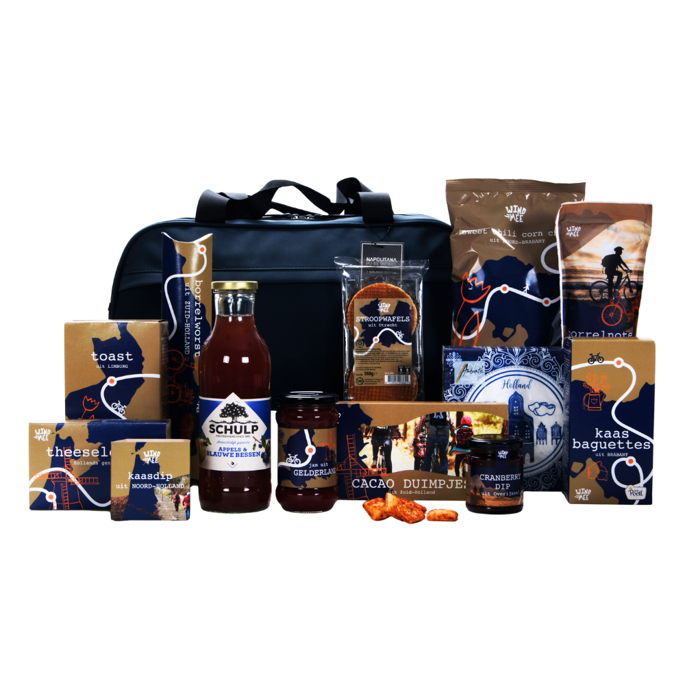 Schulp appels & blauwe bessen & retro sporttas borrelpakket